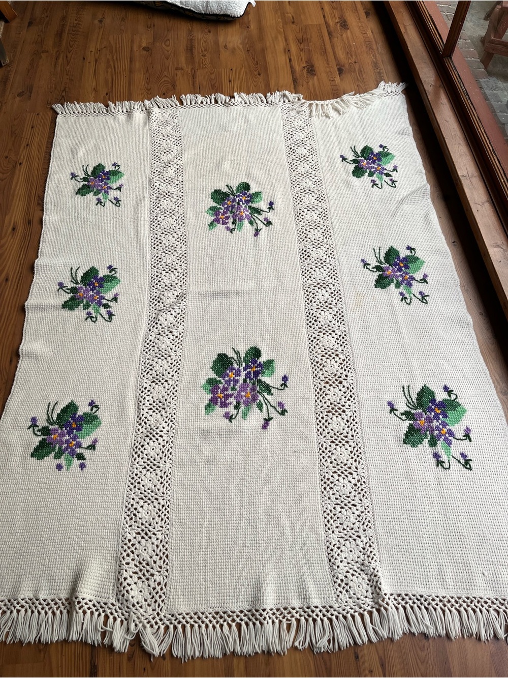 Handmade Cream Crochet Throw with Purple Violet Floral Embroidery